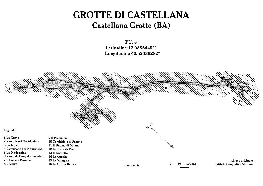 Questo rilievo topografico è la trasposizione in digitale di rilevamenti realizzati a seguito di importanti studi speleologici nelle grotte di Puglia. Sono materiale utile per lo studio e la ricerca, per comprendere al meglio la complessità delle articolazioni sotterranee di queste cavità naturali, con il fine della tutela e della salvaguardia del fenomeno carsico. 
Il documento fa parte della raccolta di rilievi topografici digitalizzati da Carlos Solito per il Progetto digitale “Sillabario sotterraneo – Viaggio dantesco nelle Grotte di Puglia” – realizzato nell’ambito della LEGGE REGIONALE 30 dicembre 2020 - art. 39 “Cavità pugliesi e opera dantesca - Celebrazioni 700 anni dalla morte di Dante Alighieri”.