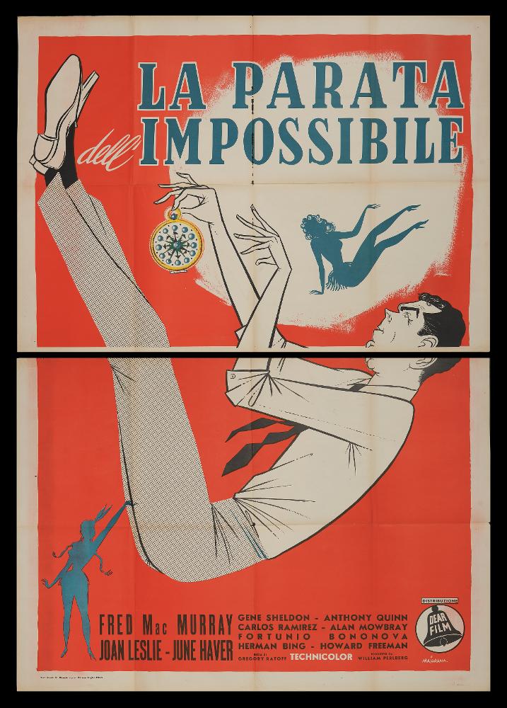La parata dell'impossibile (Where Do We Go from Here?) è un film del 1945 diretto da Gregory Ratoff, su sceneggiatura di Morrie Ryskind e Sig Herzig.
Si tratta di un musical statunitense a sfondo fantastico sul tema del genio della lampada e dei viaggi nel tempo. Vede come interpreti principali Fred MacMurray, Joan Leslie, Anthony Quinn e Gene Sheldon.
Il manifesto cinematografico è opera del grafico Maiorana. Su uno sfondo rosso vivo spicca la figura del protagonista.
Il manifesto originale è conservato nell’Archivio della Mediateca Regionale Pugliese ed è costituito da due fogli separati....