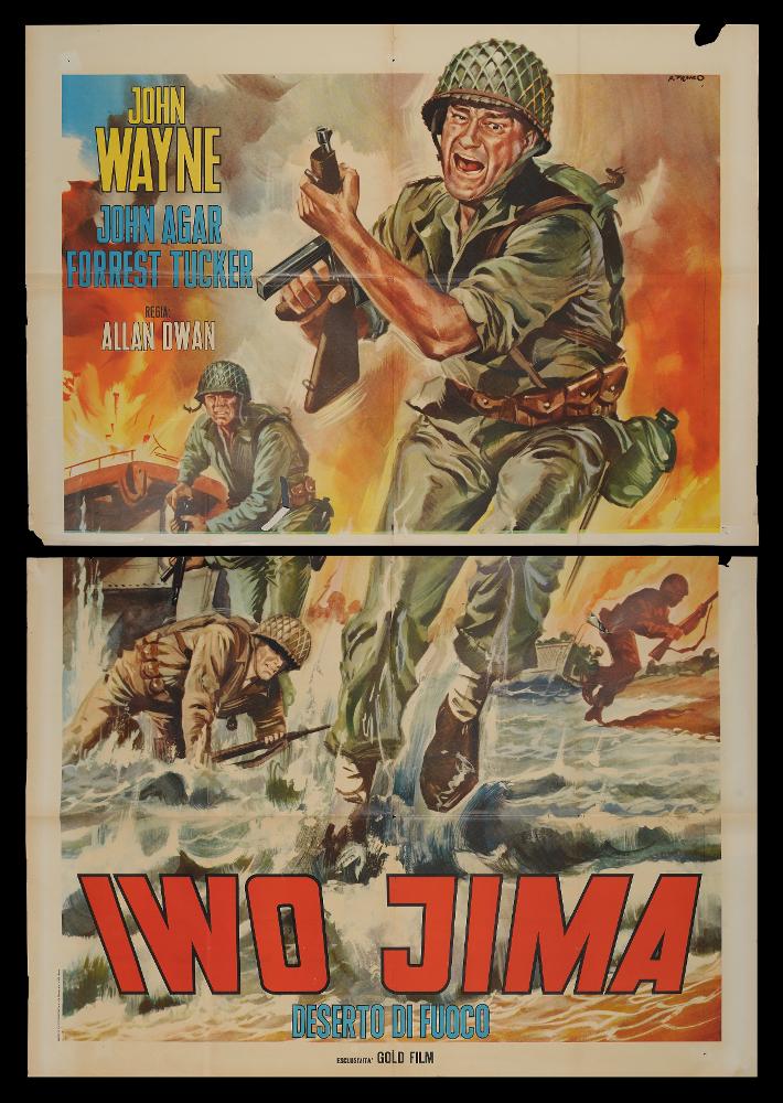 “Iwo Jima, deserto di fuoco” è un film del 1949, diretto dal regista Allan Dwan. La sceneggiatura è di Harry Brown, James ed Edward Grant. Tra gli interpreti principali ricordiamo John Wayne, John Agar e Adele Mara.
La pellicola, prodotta dalla Republic, ebbe 4 nomination agli Academy Awards, tra cui quella per il miglior attore protagonista John Wayne.
Il manifesto cinematografico è firmato dall'artista romano P. Franco (Franco Picchioni 1942-2002), autore di una composizione dall'impianto classico figurativo, incentrata su un'unica grande scena. Pennellate veloci descrivono le figure e il contesto in cui si inseriscono, ricreando effetti pittorici che rendono la scena fortemente dinamica.
Il manifesto originale è conservato nell’Archivio della Mediateca Regionale Pugl...