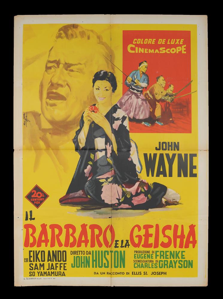 L'immagine riproduce uno dei manifesti conservati presso la Mediateca Regionale Pugliese (vedi Note). Si tratta di una delle versioni del manifesto del film "Il barbaro e la geisha", a firma di Enzo Nistri. Pittore romano che firmò migliaia di manifesti per il cinema, Nistri si contraddistinse per un linguaggio maturo, uno stile semplice ed elegante che "si presta a raccontare ogni storia" (Baroni, 2018). Molti suoi lavori infatti si riconoscono per il tratto raffinato, ma al tempo stesso dalla forte intensità costruttiva data anche da un sapiente uso di giochi di luce e ombre, dei colori netti e spesso contrastanti, che aiutano a ben difinire le figure e le scene descritte. Bellissima e fuori dagli schemi per l'epoca, è la composizione che Nistri realizza per questo fi...