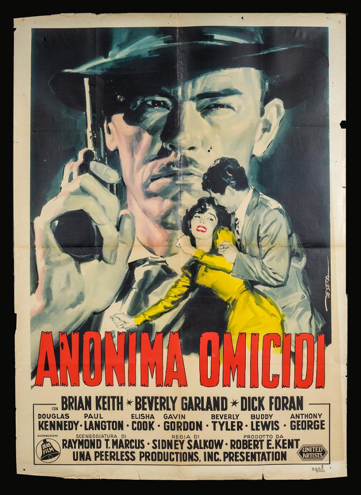 L'immagine riproduce uno dei manifesti conservati presso la Mediateca Regionale Pugliese (vedi Note). Si tratta di una delle versioni grafiche del manifesto del film “Anonima omicidi” del 1957 per la regia di Sidney Salkow. La firma che si legge sul lato destro in basso è del disegnatore e pittore italiano Deseta (Enrico De Seta), noto come fumettista per giornali satirico-umoristici e periodici per ragazzi e soprattutto per la sua produzione di molte illustrazioni cinematografiche dei film di Stanlio & Ollio. Per questa composizione Deseta gioca sul bianco e nero come toni principali, rendendo l'atmosfera cupa e misteriosa della trama del film. Unico tocco di colore è il vestito giallo e le labbra rosse della protagonista femminile, la bellissima Beverly Garland. Anche...