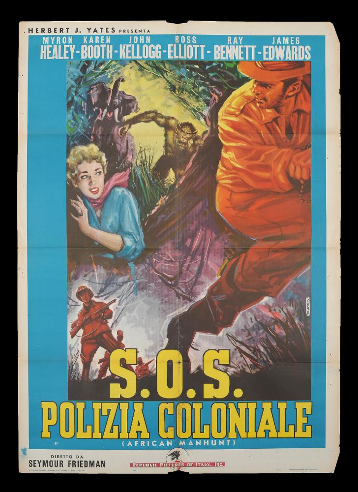 L'immagine riproduce uno dei manifesti conservati presso la Mediateca Regionale Pugliese (vedi Note). Si tratta di una delle versioni grafiche del manifesto del film americano “S.O.S. polizia coloniale” (1955), a firma di De Amicis (Aldo De Amicis) come si evince dalla firma sul fianco destro. Illustratore romano ha iniziato la sua carriera come vignettista del periodico a fumetti “Il Vittorioso”, opportunità che gli permise una maturazione stilistica tale da renderlo più sicuro e pronto per il mondo della cartellonistica. La composizione colpisce per la varietà dei colori accostati e dei momenti narrati, che si fondono in un insieme vivido dai tratti spezzati e drammatici. Dal fondo, si apre uno squarcio luminoso dal quale esce una bestia inferocita, che insieme all'el...
