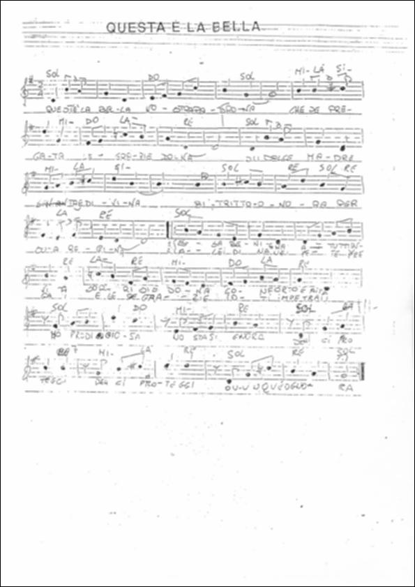 <div class="ql-editor"><div>Spartito musicale del canto popolare “Questa è la bella”, brano della tradizione eseguito in occasione di celebrazioni e momenti comunitari.</div><div><br></div><div>La Festa Patronale di Bitritto in onore di <strong>Santa Maria di Costantinopoli</strong> è l’evento più importante per la comunità e affonda le sue radici nel XVI secolo, dopo la pestilenza del 1528-29, quando i cittadini fecero voto alla Madonna promettendo la costruzione di una chiesa in suo onore.</div><div>Nel 1656, durante un’altra epidemia, il paese fu risparmiato e l’evento fu considerato miracoloso, rafforzando ulteriormente la devozione. Da allora la festa si è sviluppata come momento di ringraziamento, unendo celeb...