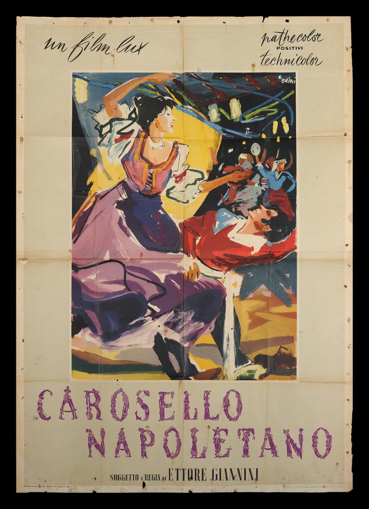 L'immagine riproduce uno dei manifesti conservati presso la Mediateca Regionale Pugliese (vedi Note). Si tratta di uno dei manifesti del film “Carosello napoletano” del 1953 per la regia di Ettore Giannini, autore anche dell’omonima opera teatrale. La grande illustrazione è a firma di Ercole Brini, (E. Brini) classe 1913 fu maestro romano dal linguaggio delicato, riconoscibile per l'uso degli acquerelli che rendono le figure e le ambientazioni rappresentate come impalpabili e cariche di fascino. Brini ci porta in un mondo lontano, più legato al sogno che alla vita reale. I personaggi dai colori accesi si muovono in uno spazio caotico, senza forme, senza oggetti riconoscibili; le figure sembrano fluttuare tra i colori in «un apparente disordine monocromatico» impalpabili...
