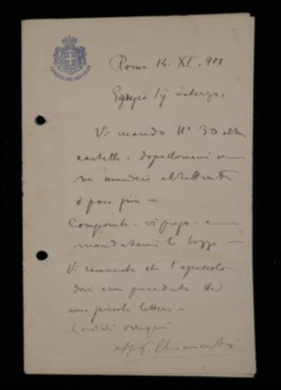 Nella lettera, Pietro Chimienti comunica a Laterza che sta inviando altre 30 cartelle da comporre e rinviargli in bozze.