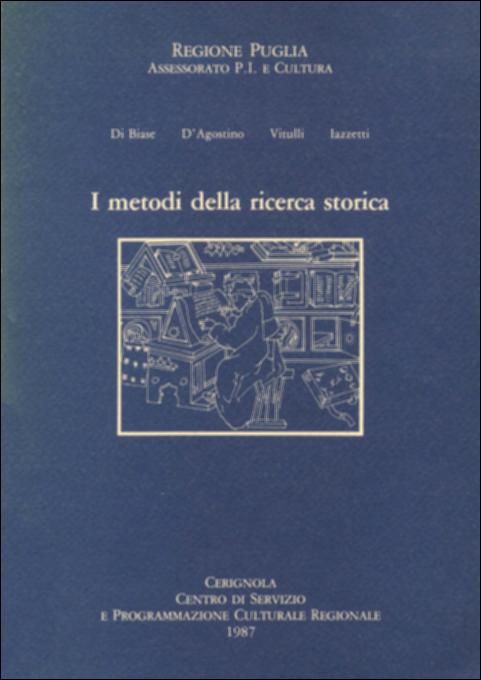 Il volume è parte della grande raccolta denominata “Libri di Puglia”, progetto di digitalizzazione a cura di Nicola Pergola che ha lo scopo di rendere fruibile la produzione editoriale dei Centri regionali di servizi educativi e culturali e degli Assessorati alla cultura e alla Pubblica Istruzione della Regione Puglia, dal 1968 agli anni 2000. La pubblicazione raccoglie gli atti dell'omonimo seminario sulla metodologia storiografica, con particolare riferimento alla storia locale. Pietro Di Biase, Guido D'Agostino, Antonio Vitulli e Viviano Iazzetti si alternano in una serie di conversazioni occupandosi rispettivamente delle prospettive della storia locale, dell'insegnamento scolastico della storia, delle fonti bibliografiche e di quelle archivistiche nella ricerca stor...