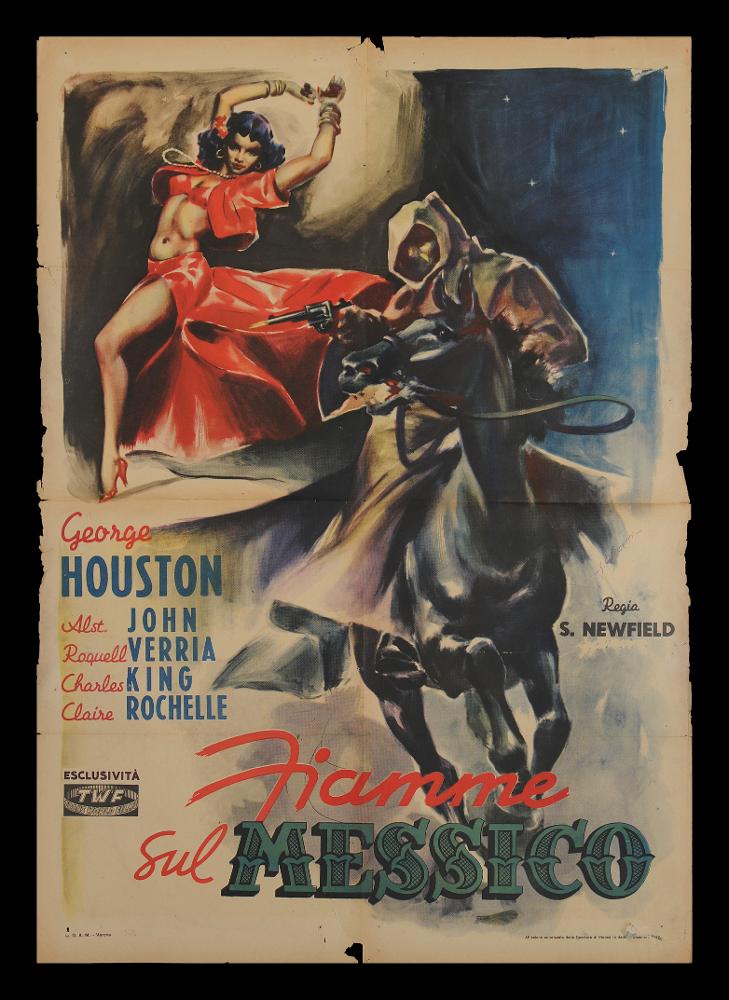 L'immagine riproduce uno dei manifesti conservati presso la Mediateca Regionale Pugliese (vedi Note). Si tratta di uno dei manifesti del film “Fiamme in Messico” del 1942 per la regia di Sam Newfield. La firma che si intravede sul lato destro, pur se molto chiara e scritta con un tratto leggerissimo, appartiene all'illustratore bolognese Giorgio Olivetti. Classe 1908, Olivetti caratterizza le sue prime opere da uno stile morbido, sfumato, fatto di acquerelli delicati che rendono il volume anche grazie ad un uso sapiente dei chiaroscuri. Per questo manifesto Olivetti gioca molto con le gamme dell’azzurro, del bianco e del rosso per realizzare una composizione dallo stile gotico, stile che ritroviamo anche nella scelta del lettering del titolo, nello specifico per la tras...
