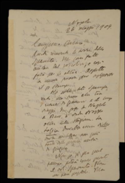 Nella lettera, Benedetto Croce comunica a Giovanni Laterza che "Il Candelaio" di Giordano Bruno non potrà essere distribuito insieme al suo volume di logica, che il volume di Silvio Spaventa sarà presto licenziato per la stampa e che tali volumi saranno pronti insieme a quello di David Hume. Croce manifesta poi all'editore l'intenzione di pubblicare subito dopo quello di logica un volume di saggi di estetica e di proseguire via via con altri volumi di saggi letterari e storici; propone inoltre la pubblicazione di un manuale scolastico ad opera di G. Broglino e un volume di scritti di Giovanni Vailati curato da Mario Calderoni. Infine Croce informa Laterza che a breve inizierà a lavorare al volume di scritti di Antonio Tari.
