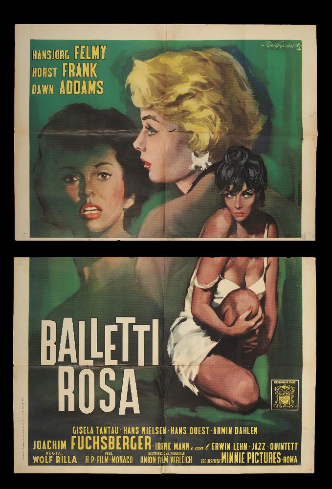 L'immagine riproduce uno dei manifesti conservati presso la Mediateca Regionale Pugliese (vedi Note). Si tratta di uno dei manifesti del film tedesco "Balletti rosa” del 1960, firmato dal fidardense Gasparri Rodolfo. Appena ventenne si trasferisce dal piccolo comune di Castelfidardo (AN) per realizzare a Roma il sogno di diventare pittore di cinema. Inizialmente fa esperienza come disegnatore per case editrici, realizzando le copertine di libri prevalentemente gialli come "Il Vampiro" (1958). Questa attività gli permette di acquisire non solo competenze specifiche come disegnatore, ma soprattutto una maggiore consapevolezza di sé e delle proprie potenzialità. Pittore capace di trasportare lo spettatore in un mondo poetico attraverso l’uso dei colori sfumati, delle luci ...