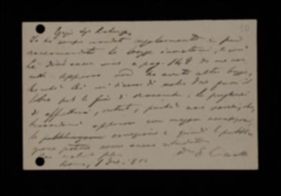 Nella cartolina, Ettore Ciccotti sollecita l'invio delle ultime bozze per poter fare uscire il volume quanto prima.