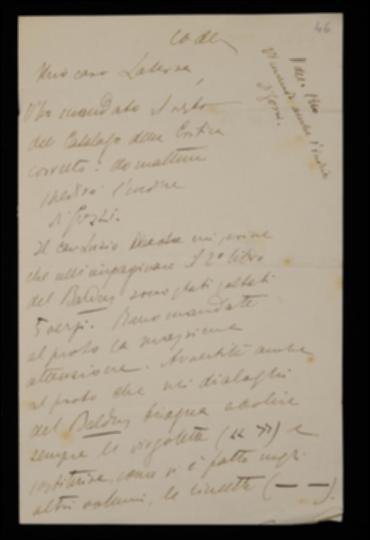 Nella lettera, Fausto Nicolini, inviando a Giovanni Laterza le bozze dell'indice de “La Critica” e sollecitandone la seconda prova, nonché l'indice del volume di Carlo Gozzi, lo invita a raccomandare al proto la massima cura nel comporre il volume di Teofilo Folengo, come avverte anche il curatore Alessandro Luzio. Nicolini poi, lamentando di non aver ancora ricevuto nulla del volume di Jacopo Vittorelli, sollecita la composizione del volume di Giuseppe Baretti, considerata la totale disponibilità del curatore Luigi Piccioni a sbrigarne le correzioni.