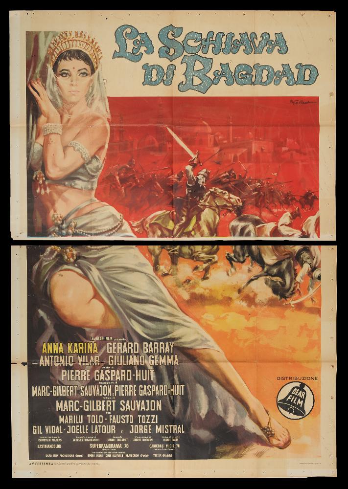 L'immagine riproduce uno dei manifesti conservati presso la Mediateca Regionale Pugliese (vedi Note). Si tratta di una delle versioni grafiche del manifesto del film di avventura “La schiava di Bagdad”. L’illustratore del manifesto è M. Colizzi (Marcello Colizzi) come si evince dalla firma in corsivo, presente in alto a destra. Tra i maggiori rappresentanti dei cartellonisti italiani del cinema, Colizzi vanta un repertorio di circa 300 manifesti per il cinema nazionale ed internazionale, a firma sia personale che per conto dello studio professionale d’arte e di fotografia di Ercole Brini. Figlio d’arte - ricordiamo il padre Gioacchino Colizzi (Attalo) tra i fondatori del giornale umoristico romano degli anni cinquanta Il Marc’Aurelio - Marcello qui concepisce una realiz...