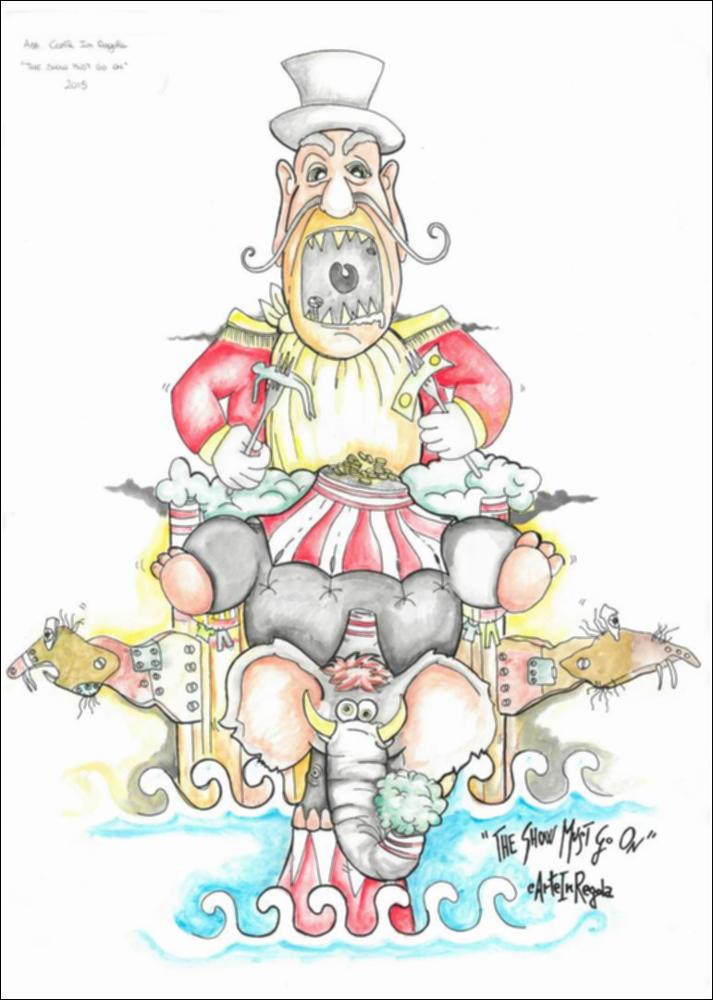 Per l'anno 2015 il tema ispiratore dei carri allegorici scelto dalla Fondazione Carnevale di Putignano è "I vizi capitali".
Il bozzetto, realizzato dall’ Associazione “cArteinregola”, mostra il peccato dell’avarizia in riferimento all’inchiesta sull’Ilva nella città di Taranto, con le ciminiere che continuano a fumare vicino al mare. Nonostante tutti i problemi ambientali, lo stabilimento continua la produzione: the show must go on, lo spettacolo deve continuare. In cima a tutto, un gigantesco domatore, avido di denaro, rappresentato con delle viti in bocca che continua il suo numero in un circo che non lo contiene più, torturando “Ilvo”, un affannato elefante che mantiene in equilibrio un piatto di soldi. Il bozzetto è realizzato a firma dell’associazione “cArteinregol...