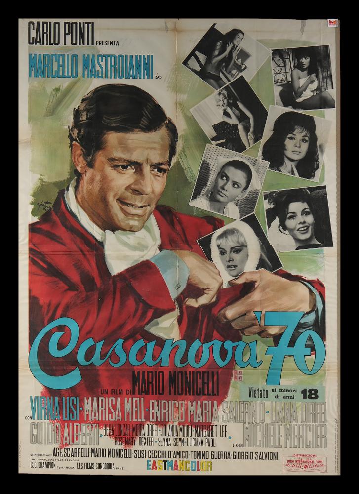 L'immagine riproduce uno dei manifesti conservati presso la Mediateca Regionale Pugliese (vedi Note). Si tratta di una delle versioni grafiche del manifesto de “Casanova '70”, film italiano del 1965, diretto da Mario Monicelli. La composizione è a firma dell’illustratore romano Arnaldo Putzu (A. Putzu) collaboratore di Enrico De Seta e dello studio Favalli. Lo stile di Putzu è riconoscibile per l’uso di un linguaggio compositivo ordinato, narrativo, cromaticamente armonioso e accattivante, reso soprattutto nella rappresentazione del ritratto intenso e fedele di Marcello Mastroianni, di cui rende la grande espressività; la figura a mezzo busto del grande attore italiano era infatti un bel richiamo per il pubblico. Il resto dello spazio è occupato da ritratti fotografici ...