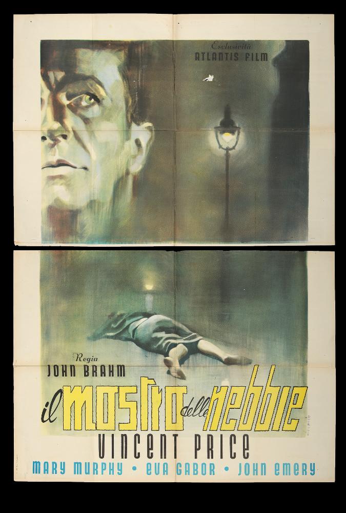 L'immagine riproduce uno dei manifesti conservati presso la Mediateca Regionale Pugliese (vedi Note). Si tratta di una delle versioni grafiche del manifesto del film giallo "Il mostro delle nebbie". L'illustratore del manifesto, l'artista Donelli, realizza una composizione minimale dal grande impatto scenico ed emotivo. L'effetto sfumato, tipico delle sue opere, rende l'atmosfera fumosa e cupa, illuminata dal solo lampione di strana, perfetta per questo film giallo americano anni '50. Donelli dimostra anche in altri manifesti, qui in collezione, la sua modernità artistica e compositiva, ricca di linee grafiche molto rapide ed elementi significativi dal forte impatto comunicativo. ...