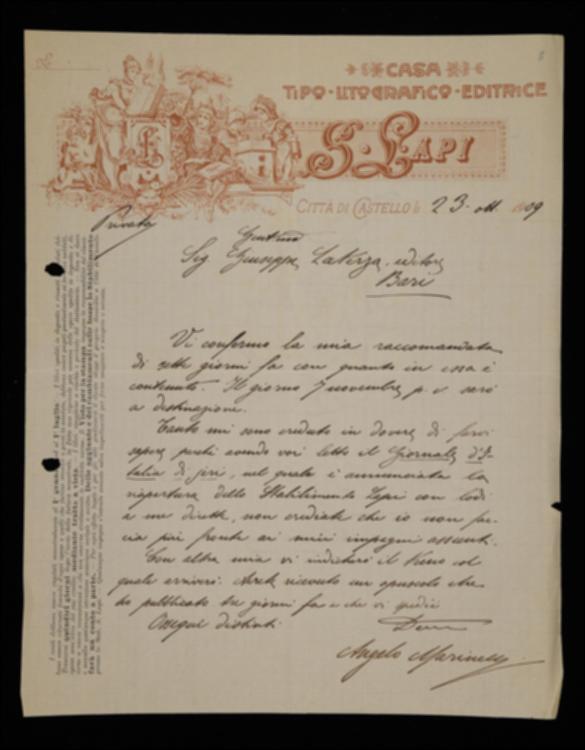 Nella lettera Angelo Marinelli conferma a Laterza la propria partenza per Bari, precisando il giorno di arrivo.