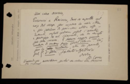 Nella cartolina, Benedetto Croce, giunto in Abruzzo, scrive a Giovanni Laterza di attenderlo nel corso del mese e intanto lo sollecita a spedirgli le ultime bozze del volume di Silvio Spaventa e di informarlo sull'uscita del volume stesso al fine di organizzarne la réclame.