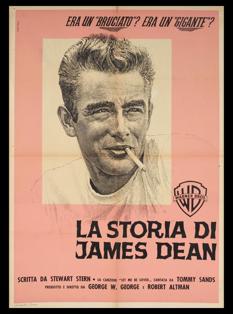 L'immagine riproduce uno dei manifesti conservati presso la Mediateca Regionale Pugliese (vedi Note). Si tratta del manifesto realizzato per il film biografico e documentario americano "La storia di James Dean" a firma dello Studio Favalli, di Augusto Favalli. Artista milanese che si dedicò per anni all'attività artistica futurista, Augusto aprì nel 1946 a Roma, via Margutta, lo storico studio di grafica pubblicitaria "Studio Favalli", cominciando a produrre grafica per i manifesti cinematografici e dando il via ad un'intensa collaborazione con la casa di produzione Lux Film. Augusto curò personalmente la linea estetica dei manifesti, chiamando a progettare, per il suo studio, artisti del calibro di Guttuso, Purificato e altri. L'opera in oggetto si distingue per una ra...