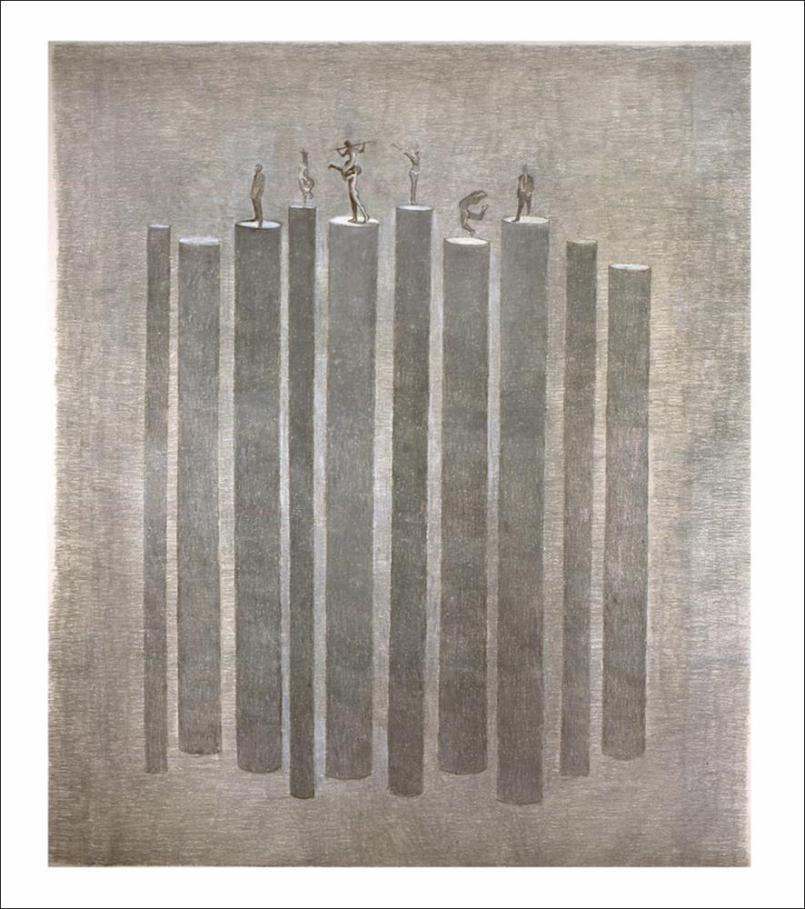 L'immagine digitale riproduce l'opera “Tele+grigio" dell'artista pugliese Giuseppe Sylos Labini, parte della serie realizzata tra il 2001 e il 2003. L'artista, attivo sul panorama locale e nazionale dal 1972, è stato allievo del Prof. De Palma, assistente di Decorazione di Mimmo Conenna, diplomato all'Accademia di Belle Arti di Bari, della quale ha ricoperto il ruolo di Direttore. Beppe Sylos Labini, in particolar modo nell'ultimo decennio, affronta il tema della solitudine nella moltitudine, ovvero la lontananza dell'individuo contemporaneo dal resto dei suoi simili. Su tubi lunghi e sottili che l'artista ripropone, spesso anche in pvc, per le sue installazioni sul tema, si riconoscono piccole figure differenti: uomini contemporanei si contrappongono ad esseri provenie...