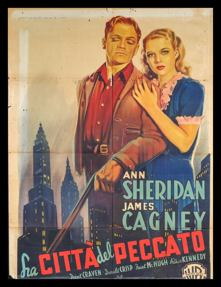 L'immagine riproduce uno dei manifesti conservati presso la Mediateca Regionale Pugliese (vedi Note). Si tratta di una delle versioni grafiche del manifesto del film "La città del peccato", a firma del pittore toscano Martinati (Luigi Martinati). Fondatore con Anselmo Ballester e Alfredo Capitani dello studio BCM, società di produzione di manifesti per il cinema, Martinati è da considerarsi uno dei maggiori interpreti della prima maniera del manifesto di cinema. L'opera grafica presenta infatti le caratteristiche tipiche dello stile del pittore, fatta di precisione ed eleganza pittorica. Le due figure principali, ritratte a figura intera, sembrano idealmente uscire dal manifesto; il fondo bianco, i giochi di luce accentuano la loro importanza e indipendenza scenica, ins...