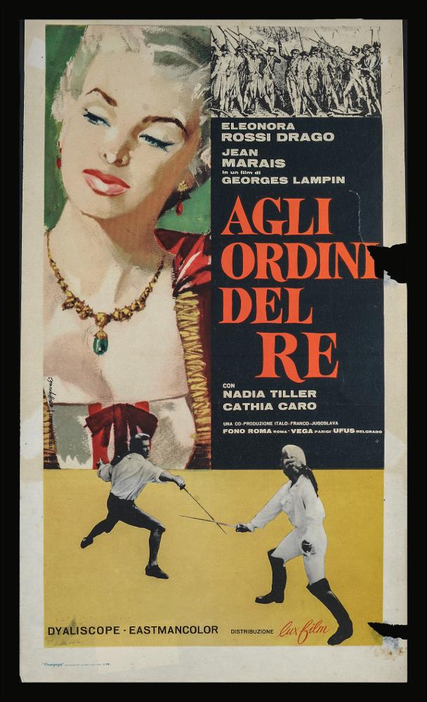 L'immagine riproduce uno dei manifesti conservati presso la Mediateca Regionale Pugliese (vedi Note). Si tratta di una delle locandine del film in bianco e nero “Agli ordini del Re” del 1957 per la regia di Georges Lampin con la firma di Alessandro Biffignandi, per lo Studio Favalli, di Augusto Favalli. Dopo essersi formato negli studi di Averardo Ciriello, dei fratelli Nistri e di Favalli, Biffignandi cominciò a lavorare nel campo dell’illustrazione e del fumetto, principalmente come copertinista per diverse testate italiane, ma anche estere (la britannica Fleetway e la francese Lug). Si confronta con generi differenti: dal bellico al western, dall’avventuroso all’horror. Si dedicò anche alla pittura ad olio, realizzando quadri, copertine di libri, illustrazioni per ri...