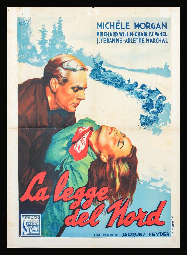 L'immagine riproduce uno dei manifesti conservati presso la Mediateca Regionale Pugliese (vedi Note). Si tratta nello specifico di uno dei due soggetti per la fotobusta verticale del film “La legge del Nord”, a firma dell’illustratore Rino. La bella composizione rispetta i canoni stilistici del "primo stile" della pittura di cinema, che contraddistinse le opere degli anni Trenta e Quaranta. Un linguaggio narrativo a volte oleografico, con stesure cromatiche vivaci e tinte cangianti e luminescenti. Rino rappresenta un momento drammatico del film con una illustrazione e una pittura figurativa, intensa ed elegante, in una cornice paesaggistica che richiama in modo chiaro il freddo del Canada....