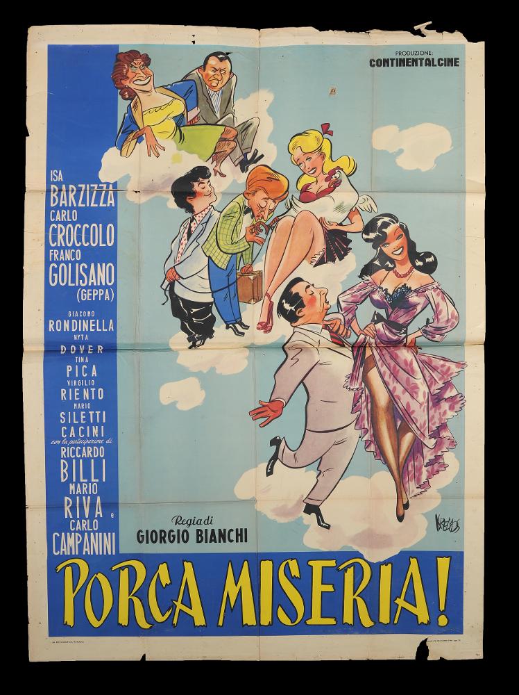 L'immagine riproduce uno dei manifesti conservati presso la Mediateca Regionale Pugliese (vedi Note). Si tratta di una delle versioni grafiche del manifesto del film "Porca Miseria!", a firma di Niso Ramponi (Kremos), di cui si conservano qui in collezione anche i manifesti a firma di Olivetti e Longi. Nome d'arte di Niso Ramponi, Kremos fu un disegnatore dalle qualità eccezionali; seppe contraddistinguersi per il suo stile fumettistico che esaltava la donna, con forme sensuali volutamente accentuate, in pieno stile pin-up. Non a caso, fu ironicamente soprannominato il "Sovrano di donnine" de Il Travaso, uno dei più popolari giornali umoristici italiani del Novecento. La collaborazione con il giornale iniziò nel 1948 e le sue figure femminili in copertina portarono ad u...