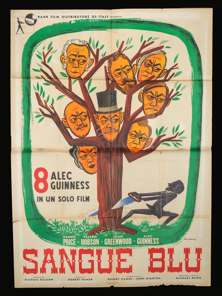 L'immagine riproduce uno dei manifesti conservati presso la Mediateca Regionale Pugliese (vedi Note). Si tratta di una delle versioni grafiche per il manifesto del film "Sangue blu" del 1949 per la regia di Robert Hamer, dal romanzo “Israel Rank” di Roy Horniman. La firma che si legge in basso a destra è dell’illustratore Maiorana (Majorana) che in maniera semplice ma efficace rende per immagini la trama del film. Un uomo completamente rappresentato in nero recide il suo albero genealogico sul quale vediamo otto volti, interpretati tutti da Alec Guinnes, come è esplicitato anche lateralmente. Nella parte inferiore abbiamo le indicazioni dei personaggi, dei credits e in grande il titolo....