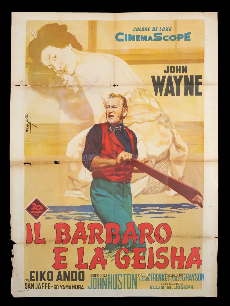 L'immagine riproduce uno dei manifesti conservati presso la Mediateca Regionale Pugliese (vedi Note). Si tratta di una delle versioni del manifesto del film "Il barbaro e la geisha", a firma di Enzo Nistri. Pittore romano che firmò migliaia di manifesti per il cinema, Nistri si contraddistinse per un linguaggio maturo, uno stile semplice ed elegante che "si presta a raccontare ogni storia" (Baroni, 2018). Molti suoi lavori infatti si riconoscono per il tratto raffinato, ma al tempo stesso dalla forte intensità costruttiva data anche da un sapiente uso di giochi di luce e ombre, dei colori netti e spesso contrastanti, che aiutano a ben difinire le figure e le scene descritte. Bellissima e fuori dagli schemi per l'epoca, è la composizione che Nistri realizza per questo fi...