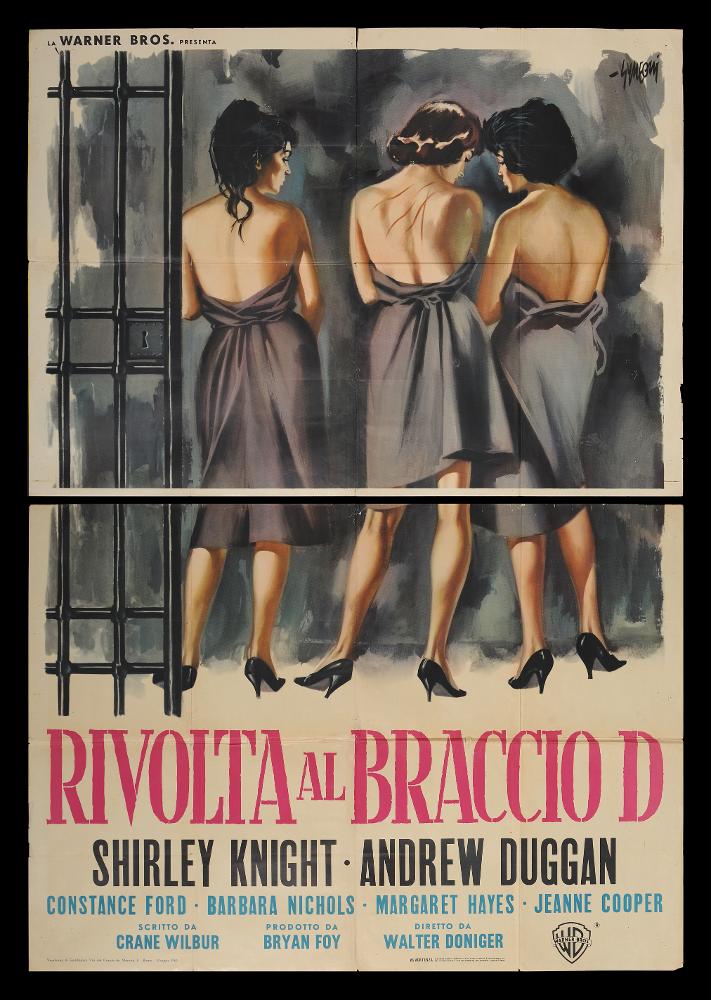 L'immagine riproduce uno dei manifesti conservati presso la Mediateca Regionale Pugliese (vedi Note). Si tratta di uno dei manifesti del film “Rivolta al braccio D” del 1962 per la regia di Walter Doniger. La firma che si legge in alto a destra è dell’illustratore ferrarese Symeoni (Symeoni Sandro). Tra i pittori di cinema più prolifici, in questo manifesto si ritrovano molte delle sue peculiarità stilistiche, in primis la sua grande pittoricità, la modernità nella composizione e suddivisione dello spazio grafico, l’uso di pennellate larghe e verticali. I colori qui utilizzati con predominanza sono il grigio scuro sfumato ed il nero, colori che enfatizzano l’idea delle prigionia resa esplicita dalla presenza, seppur marginale, di una cella. Le tre donne rappresentate, s...
