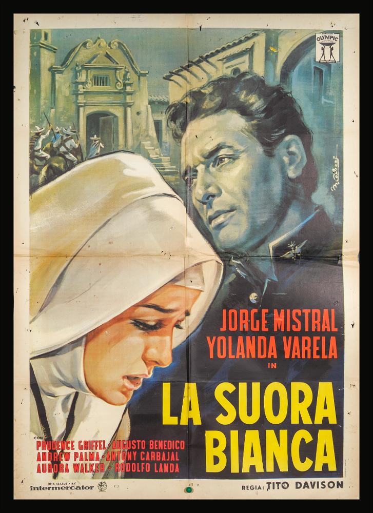 L'immagine riproduce uno dei manifesti conservati presso la Mediateca Regionale Pugliese (vedi Note). Si tratta di una delle versioni grafiche del manifesto del film “La suora bianca”, del 1964 per la regia di Tito Davison, basato sull’omonimo film del 1923. Il manifesto è a firma di Marcello Colizzi (M. Colizzi) tra i maggiori rappresentanti dei cartellonisti italiani del cinema, figlio d’arte, ricordiamo il padre Gioacchino Colizzi (Attalo). Colizzi vanta un repertorio di circa 300 manifesti per il cinema nazionale ed internazionale, a firma sia personale che sotto lo studio professionale d’arte e di fotografia di Ercole Brini. L’illustrazione vede in primo piano il profilo della protagonista, immortalata in un momento di sconforto come si può notare dall'espressione ...