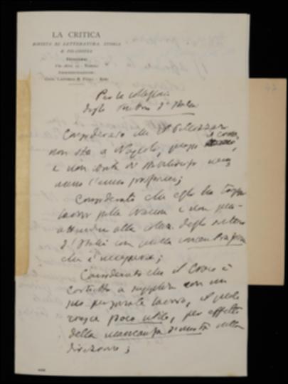 Tornando ancora sulla questione della direzione degli Scrittori d'Italia, Benedetto Croce ne propone a Giovanni Laterza una riorganizzazione: affidamento della stessa al Croce; licenziamento di Achille Pellizzari e Riccardo Zagaria; affiancamento del proto Giovanni Giusti al nuovo direttore; possibilità per il Croce di prendere un collaboratore a Napoli dietro compenso; possibilità per il Pellizzari di essere chiamato dal Croce come collaboratore nel caso si stabilisse a Napoli. Inoltre il Laterza viene invitato a sciogliere il contratto con l'attuale direttore, scrivendogli che il Croce deve necessariamente organizzare la correzione delle bozze a Napoli e che al Pellizzari si potrà comunque affidare la revisione di qualche volume dietro compenso.