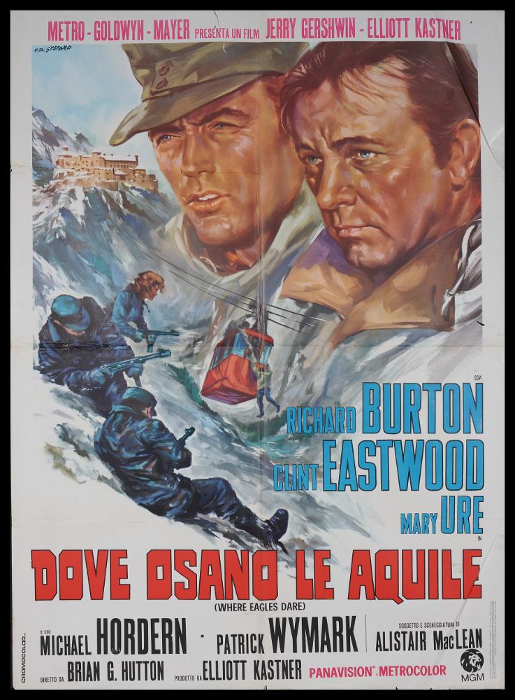 L'immagine riproduce uno dei manifesti conservati presso la Mediateca Regionale Pugliese (vedi Note). Si tratta della versione grafica per il manifesto del film britannico di guerra “Dove osano le aquile” del 1969. La firma è dell’illustratore G. Di Stefano, autore narrativo vicino ad altri interpreti della pittura di cinema dell'epoca. L'impianto grafico è infatti molto tradizionale: due grandi e fedeli ritratti (Richard Burton e Clint Eastwood) catturano lo sguardo del fruitore, fondendosi con le montagne; intorno a loro, infatti, l'ambientazione, i dettagli e la scena tratta dal film occupano tutto lo spazio facendo immergere il pubblico tra le cime innevate austriache, teatro di combattimento....