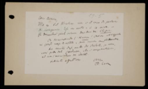 Nella cartolina Benedetto Croce assicura Giovanni Laterza che gli comunicherà quali volumi spedire a Fausto Nicolini e lo sollecita a sbrigare il volume di David Hume; ribadisce poi che il volume di scritti di Giovanni Vailati sarà curato da Mario Calderoni.