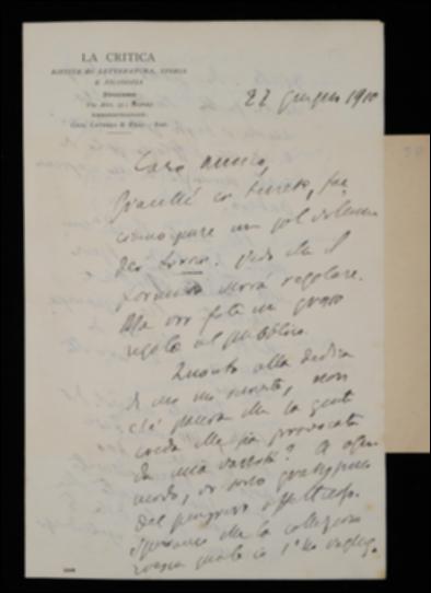 Cedendo alle insistenze di Giovanni Laterza, Benedetto Croce accetta di pubblicare i lirici marinisti in un solo volume e lo ringrazia per la dedica che intende rivolgergli. Il filosofo poi s'informa se siano state spedite a Vincenzo Spampanato le bozze della seconda commedia per il primo volume di Gian B. Della Porta, il quale non dovrà superare le quattrocento pagine. In merito all'edizione di lusso dei volumi di Giambattista Vico, l'editore dovrà scegliere una carta migliore e un formato più adeguato. Infine il Croce anticipa al Laterza che per novembre gli spedirà il materiale per un volume con autobiografia, carteggio e rime varie dello stesso Vico.