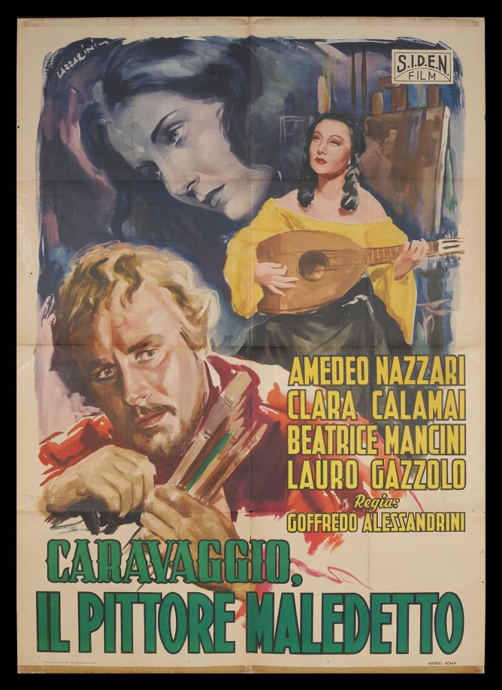 L'immagine riproduce uno dei manifesti conservati presso la Mediateca Regionale Pugliese (vedi Note). Si tratta di una delle versioni del manifesto del film "Caravaggio, il pittore maledetto", a firma di Lazzarini. L'artista, di cui non si hanno notizie storicizzate, mostra la sua vena artistica narrativa. Lo spazio compositivo è piuttosto tradizionale; Lazzarini realizza dei bei ritratti fedeli degli attori Amedeo Nazzari, Clara Calamai e Beatrice Mancini. Anche in questo manifesto si notano più momenti narrativi, che si intrecciano per raccontare in una unica immagine la vita di un personaggio carismatico, il genio e la sregolatezza del pittore Caravaggio....