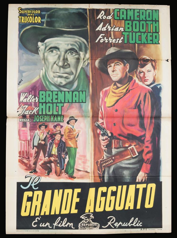 L'immagine riproduce uno dei manifesti conservati presso la Mediateca Regionale Pugliese (vedi Note). Si tratta di uno dei manifesti del film “Il grande agguato” del 1949 per la regia di Joseph Kane a firma dell’illustratore Lorenzo Nistri (Enzo Nistri). Pittore romano che realizzò migliaia di manifesti per il cinema, Nistri si contraddistinse per un linguaggio maturo, uno stile semplice ed elegante che "si presta a raccontare ogni storia" (Baroni, 2018). Molti suoi lavori infatti si riconoscono per il tratto raffinato, ma al tempo stesso dalla forte intensità costruttiva data anche da un sapiente uso dei colori netti e spesso contrastanti, che aiutano a ben definire le figure e le scene descritte. Per questo film, Nistri realizza una composizione su più livelli narrati...