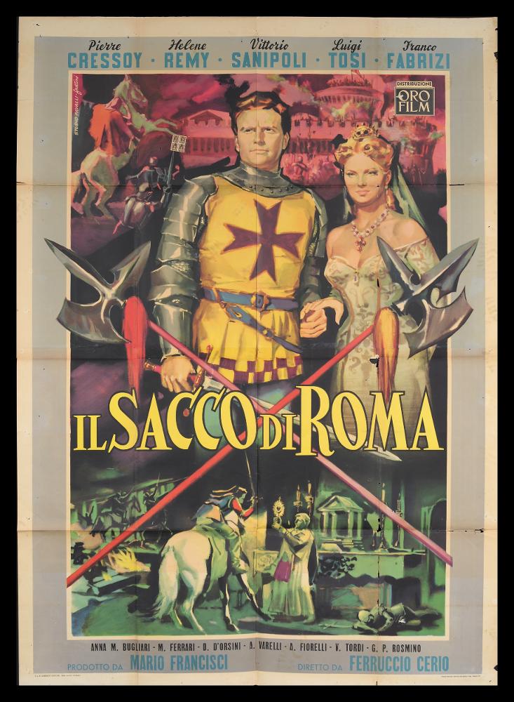 L'immagine riproduce uno dei manifesti conservati presso la Mediateca Regionale Pugliese (vedi Note). Si tratta di una delle versioni del manifesto del film "Il Sacco di Roma", a firma di Renato Fratini per lo Studio Favalli. Collaboratore negli anni Cinquanta dello studio Favalli, Fratini si distinse fin da subito per la maturità nella tecnica pittorica e per la padronanza dell’uso dei colori utilizzati anche per dare forma a sfondo e personaggi. In questa composizione ricca, si nota un'impostazione narrativa tradizionale, l'uso dello sfumato e di molti colori accesi e a contrasto. Il titolo, ben evidente in giallo divide lo spazio in due, con in basso una piccola scena dai toni freddi e scuri. Per lo Studio Favalli, Fratini lavorò fino al 1958, anno in cui si trasferì...
