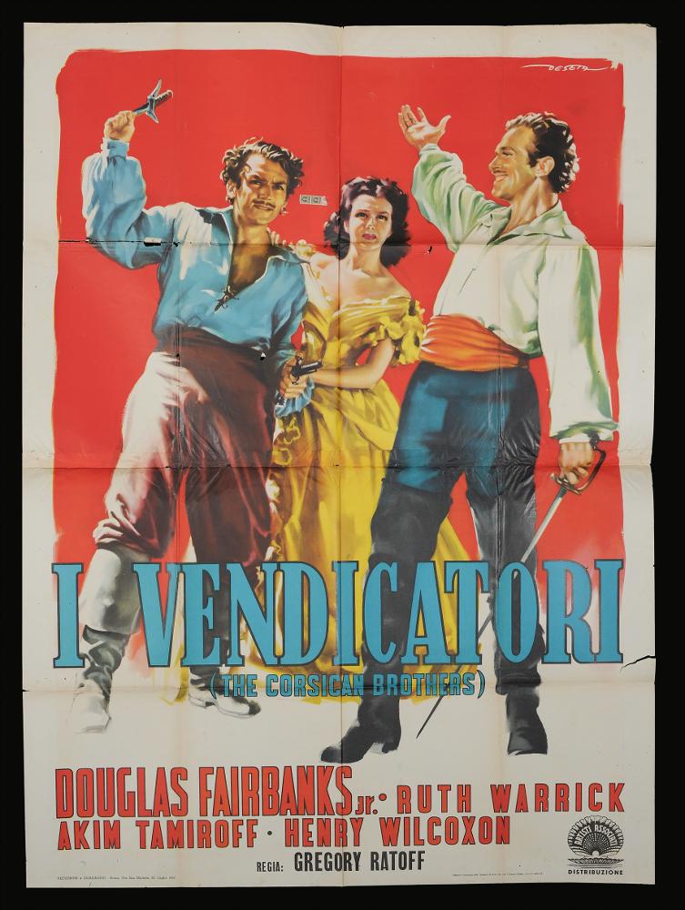 L'immagine riproduce uno dei manifesti conservati presso la Mediateca Regionale Pugliese (vedi Note). Si tratta di una delle versioni grafiche per il manifesto del film in bianco e nero "I vendicatori" del 1941 per la regia di Gregory Ratoff. La firma che si legge in alto sul lato destro, è del disegnatore e pittore italiano Deseta (Enrico De Seta), noto come fumettista per giornali satirico-umoristici e periodici per ragazzi e soprattutto per la sua produzione di molte illustrazioni cinematografiche dei film di Stanlio & Ollio. Anche per questo manifesto Deseta rende una scena in bianco e nero del film a colori, giocando molto sull’accostamento di tinte molto accese degli abiti a uno sfondo rosso pieno. La composizione presenta una simmetria nella disposizione nello sp...