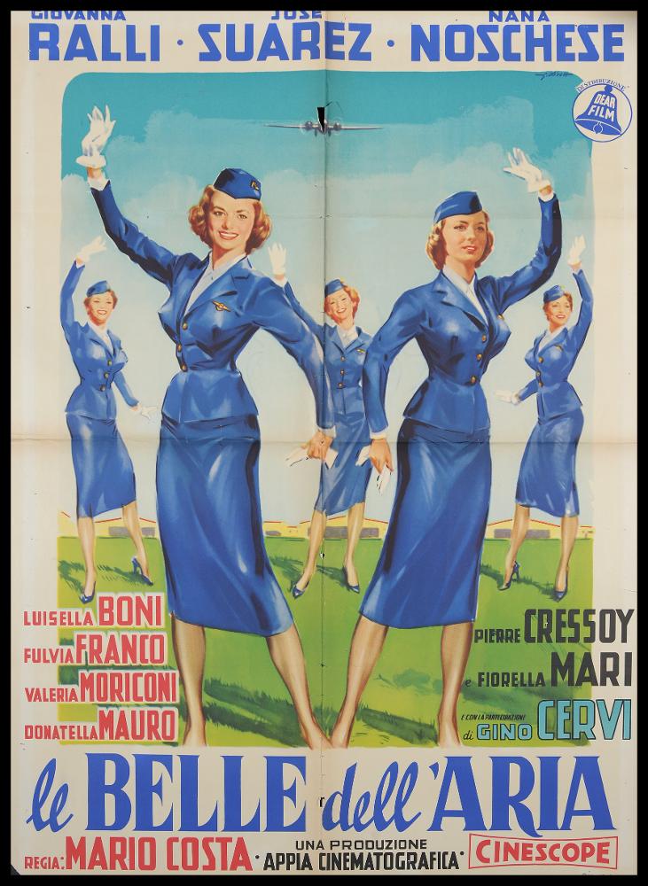L'immagine riproduce uno dei manifesti conservati presso la Mediateca Regionale Pugliese (vedi Note). Si tratta di una delle versioni grafiche del manifesto del film "Le belle dell'aria" del 1957, a firma dell'illustratore bolognese Giorgio Olivetti. Classe 1908, Olivetti caratterizza le sue prime opere da uno stile morbido, sfumato, fatto di acquerelli delicati che rendono il volume anche grazie ad un uso sapiente dei chiaroscuri. Eleganza, leggerezza e una velata ironia contraddistinguono anche questo manifesto, nel quale Olivetti interpreta a pieno lo spirito di una delle commedie all'italiana degli anni '50. Il suo stile pittorico e la composizione vivace dai colori brillanti esalta la figura della donna, interpretata nella sua bellezza da "pin-up"....