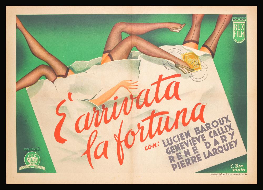 L'immagine riproduce uno dei manifesti conservati presso la Mediateca Regionale Pugliese (vedi Note). Si tratta della locandina, orizzontale, del film "È arrivata la fortuna", che porta la firma di C. Bompiani. Si potrebbe attribuire al pittore romano Carlo Ludovico Bompiani, autore di ritratti, nature morte e paesaggi, formatosi presso le Accademie di Francia e Inghilterra. Nel 1935 iniziò la sua attività come cartellonista per il cinema prima presso il Consorzio EIA, poi come direttore per l'ufficio pubblicità della Generalcine; dopo la guerra riprese l'attività artistica stringendo collaborazioni con un gruppo di intellettuali, fra cui Federico Fellini e Guglielmo Guasta Veglia. La sua produzione fu intensa e in continua evoluzione artistica, anche nei manifesti cine...