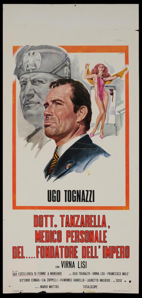 L'immagine riproduce uno dei manifesti conservati presso la Mediateca Regionale Pugliese (vedi Note). Si tratta di una delle versioni grafiche della locandina del film “Il dottor Tanzarella, medico personale del... fondatore dell’Impero” (ovvero "Sua eccellenza si fermò a mangiare"), a firma di Renato Casaro, tra i maggiori rappresentanti della grafica e del manifesto del secondo dopoguerra, che utilizzava ai suoi esordi la firma "C. Renè", prima della ben più nota R. Casaro. Per le sue opere si ispirò ai più affermati artisti ed illustratori di cinema, come Angelo Cesselon, il primo pittore ad utilizzare, per i manifesti cinematografici, un nuovo linguaggio che dà maggiore importanza ad una grande scena, ad un ritratto per raccontare una storia. Casaro è noto per esser...