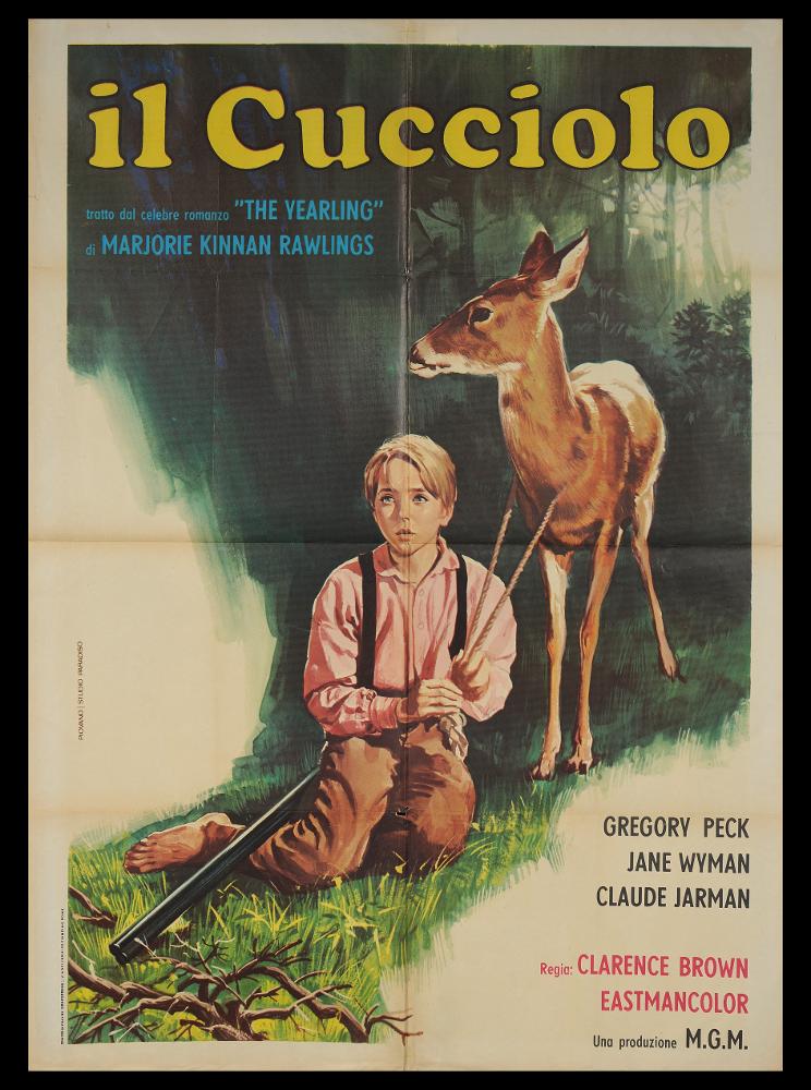 L'immagine riproduce uno dei manifesti conservati presso la Mediateca Regionale Pugliese (vedi Note). Si tratta del manifesto del film americano "Il cucciolo", a firma di Mario Piovano per lo Studio Paradiso, con il quale l'artista realizzerà molti manifesti per il cinema. Si tratta di una composizione narrativa e dagli elementi figurativi, come si può notare dalla splendida rappresentazione del cervo, quasi iperrealista. Tutto è incentrato su un'unica grande scena che ci immerge nell'atmosfera naturalistica di un bosco - realizzato anche con begli effetti pittorici sfumati - e sul legame di affetto che si crea tra il cervo e il protagonista Jody, che prende sotto la sua protezione....