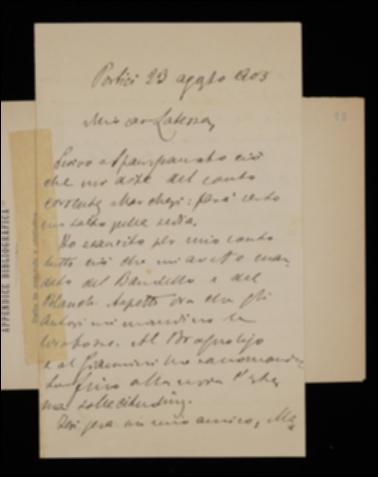 Nella lettera, dopo aver assicurato a Giovanni Laterza che scriverà a Vincenzo Spampanato in merito al conto corrente per il libraio Marchesi di Salerno, Fausto Nicolini, conclusa la revisione delle bozze dei volumi di Matteo Bandello e di Luigi Blanch, attende quelle corrette dai rispettivi curatori Gioacchino Brognoligo e Amedeo Giannini. Prega poi l'editore di spedire a M. Venditti, figlio dell'Onorevole Antonio Venditti e nipote di Roberto Bracco, una copia della “Divina Commedia” annotata da Pietro Fraticelli, se possibile con uno sconto; in cambio il Venditti promette di abbonarsi ai primi dieci volumi degli Scrittori d'Italia. Si informa inoltre che il Direttore dell'Archivio di Stato di Napoli ha scritto affinché il Ministero consenta l'abbonamento agli Scrittor...
