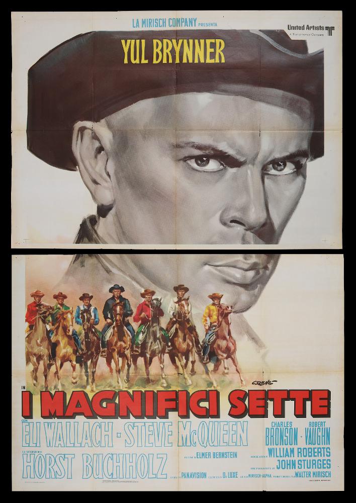 I magnifici sette (The Magnificent Seven) è un film western del 1960 diretto da John Sturges e interpretato, tra gli altri, da Yul Brynner, Eli Wallach, Steve McQueen, Charles Bronson, Robert Vaughn e James Coburn.
La sceneggiatura è di William Roberts, Akira Kurosawa e Walter Bernstein.
Il film è infatti liberamente ispirato al film di Akira Kurosawa “I sette samurai” trasponendo nel contesto della frontiera americana del XIX secolo, i temi dell'onore, dell'amicizia e del rifiuto dell'ingiustizia che già Kurosawa aveva affrontato sei anni prima nel suo film ambientato nel Giappone del periodo Sengoku.
Il manifesto cinematografico è firmato da C. Renè, il celebre pittore di cinema Renato Casaro, uno tra i maggiori rappresentanti della grafica e del manifesto. Nato a Tre...