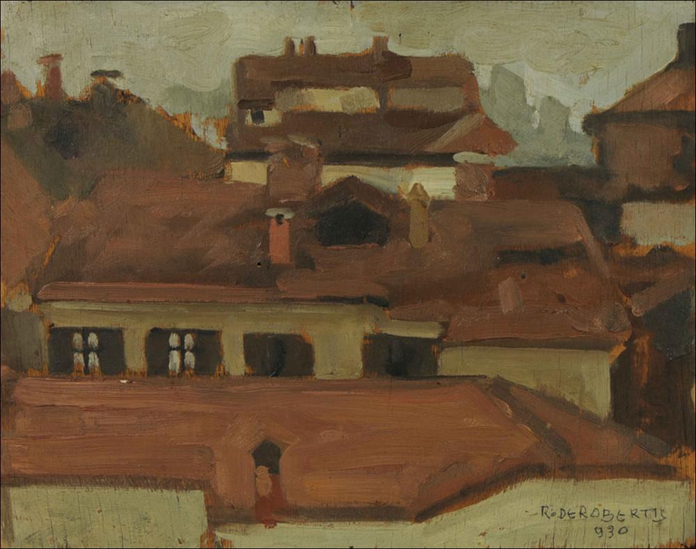 L'immagine digitale è la riproduzione fotografica dell'opera “Tetti di Milano” olio su tela realizzato da Roberto De Robertis, artista pugliese che segnerà il cambiamento della scena artistica e culturale di Bari negli anni trenta del Novecento. L'opera si inserisce nella serie di dipinti che il maestro dedica al paesaggio. Questa volta la veduta rappresentata non è la sua amata Murgia, luogo in cui l'artista vive e produce i suoi lavori, ma Milano, la città che lo accoglie e lo forma negli ultimi anni del secondo decennio del Novecento. È infatti nella città meneghina che l'artista apprenderà, grazie all'incontro con Orlando Sora, le più abili tecniche della pittura ritrattistica e paesaggistica. Formatosi inizialmente nella bottega barese del pittore veneto Mario Pray...