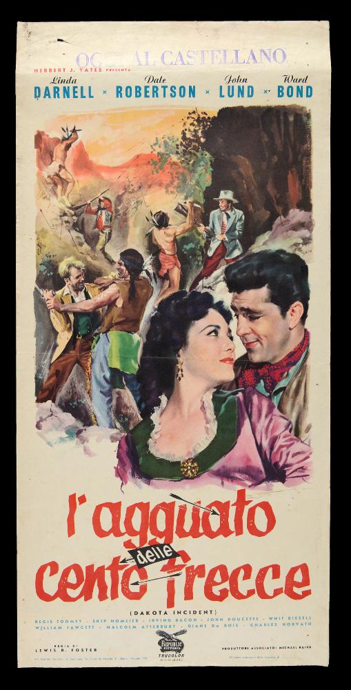 “L'agguato delle cento frecce” (titolo originale “Dakota Incident”) è un film statunitense del 1956 diretto da Lewis R. Foster, su sceneggiatura scritta da Frederick Louis Fox. È un western con Linda Darnell, Dale Robertson, John Lund, Ward Bond e Regis Toomey.
La locandina cinematografica è opera del celebre pittore di cinema Enzo Nistri, romano classe 1923. Enzo firmò numerosissimi manifesti, realizzati sia per commedie sia per film drammatici, col suo stile pittorico elegante. Il suo tratto raffinato ma intenso si accompagna a colori decisi ma accuratamente sfumati e acquerellati, denotando il suo gusto per la resa dei volumi. Per la realizzazione di questa locandina Enzo Nistri decide per una composizione in cui vediamo i protagonisti in primo piano ritratti con la ...