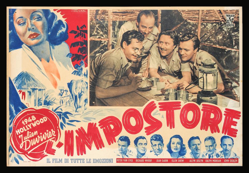 “L'impostore” (The Impostor) è un film del 1944 diretto da Julien Duvivier, su sceneggiatura scritta da Marc Connelly, Julien Duvivier e Stephen Longstreet. Tra gli interpreti principali ricordiamo Jean Gabin, Richard Whorf, Allyn Joslyn e Ellen Drew.
La fotobusta presenta una fotografia di scena del film incorniciata da un disegno a firma di C. Palozzi che raffigura, con eccezionali doti da ritrattista, la bellissima Ellen Drew nelle tinte sfumate dei blu e dei rossi, con il titolo del film riportato a grandi lettere in basso.
La fotobusta originale è conservata nell’Archivio della Mediateca Regionale Pugliese....