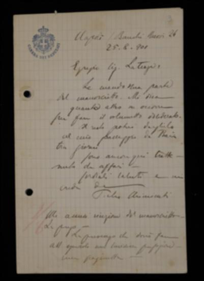 Nella lettera, Pietro Chimienti avvisa l'editore che sta per spedire parte del manoscritto e prega l'editore di avvisarlo della ricezione.