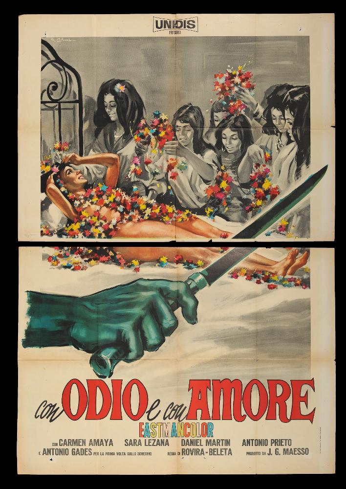 L'immagine riproduce uno dei manifesti conservati presso la Mediateca Regionale Pugliese (vedi Note). Si tratta di una delle versioni grafiche del manifesto del film drammatico spagnolo “Con odio e con amore”. L’illustratore del manifesto è M. Colizzi (Marcello Colizzi) come si evince dalla firma in corsivo, presente in alto a sinistra. Tra i maggiori rappresentanti dei cartellonisti italiani del cinema, Colizzi vanta un repertorio di circa 300 manifesti per il cinema nazionale ed internazionale, a firma sia personale che per conto dello studio professionale d’arte e di fotografia di Ercole Brini. Figlio d’arte - ricordiamo il padre Gioacchino Colizzi (Attalo) tra i fondatori del giornale umoristico romano degli anni cinquanta Il Marc’Aurelio - Colizzi realizza una comp...
